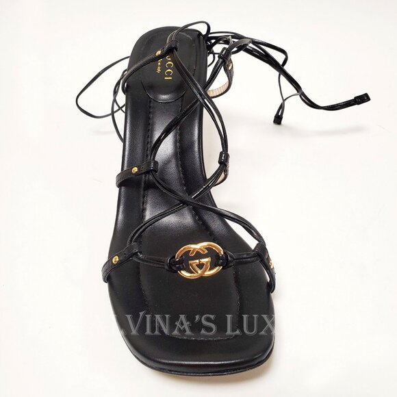 GUCCI SHOES INTERLOCKING G LOGO ANKLE TIE STRAPPY BLACK SANDALS sz 39.5 9.5 - Picture 7 of 15